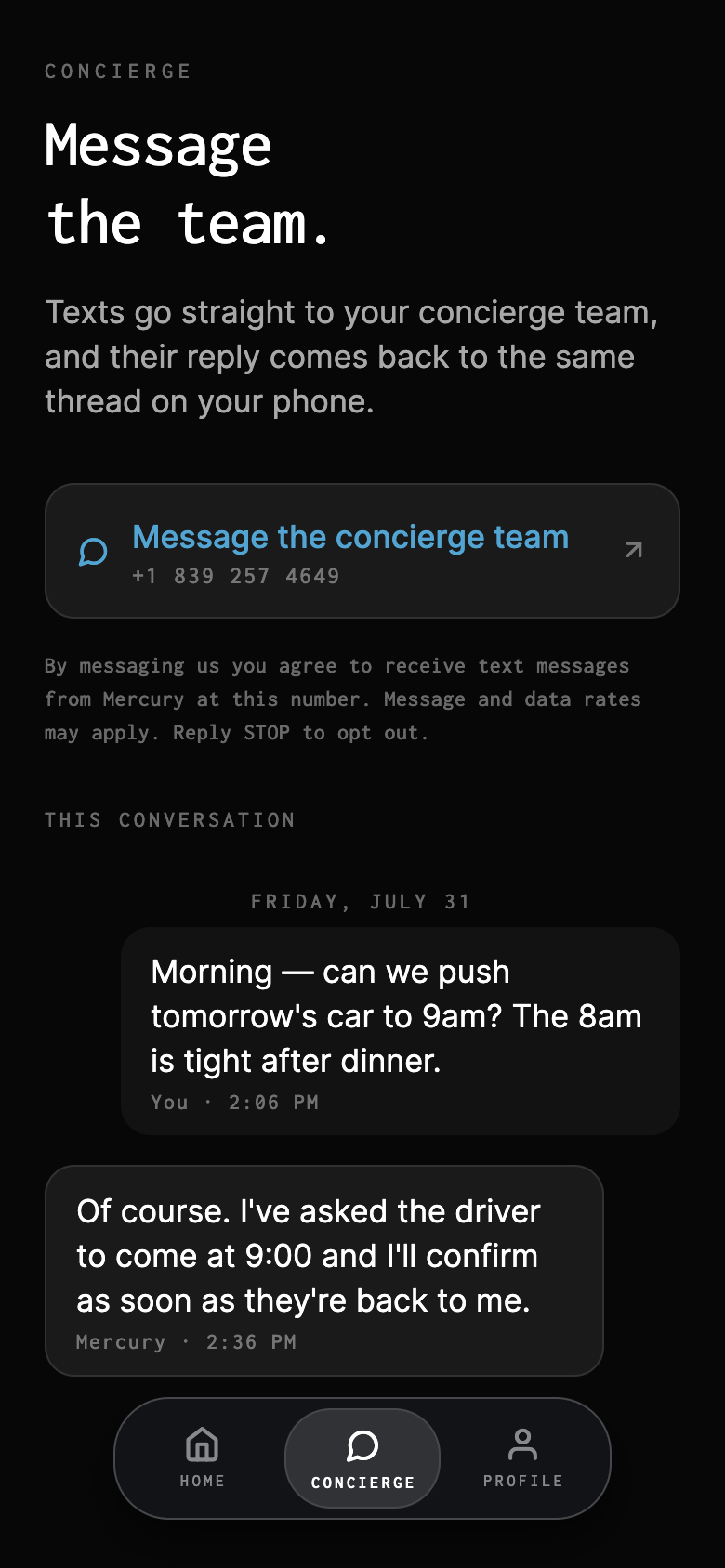 The Concierge tab of the Mercury app, showing the concierge phone number, a button reading Message the concierge team, and the consent sentence quoted above.